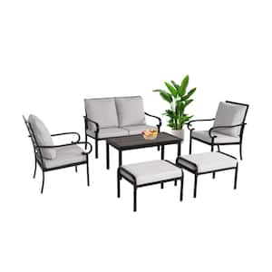 6-Piece Outdoor Black Metal Frame Patio Conversation Sofa Set with Gray Cushions, Ottomans and Coffee Table