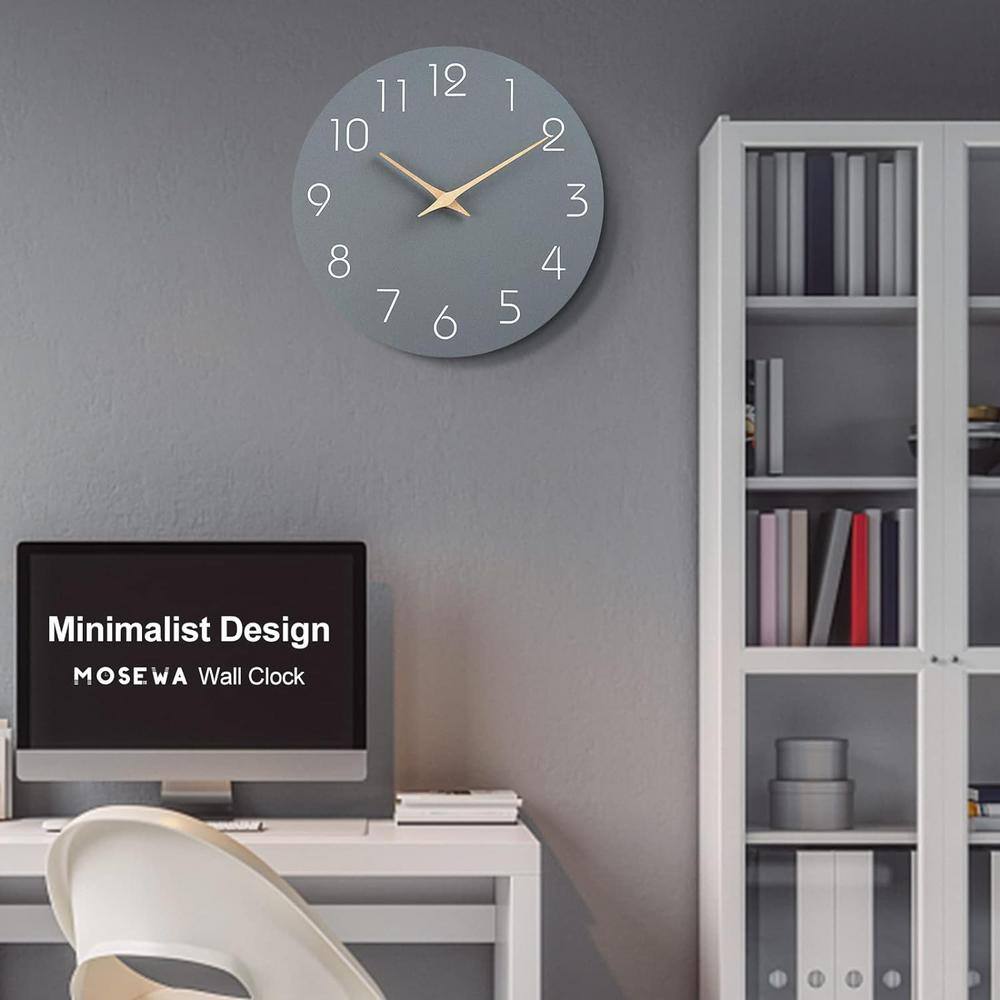 Gray 12-Inch Silent Non-Ticking Wooden Wall Clock