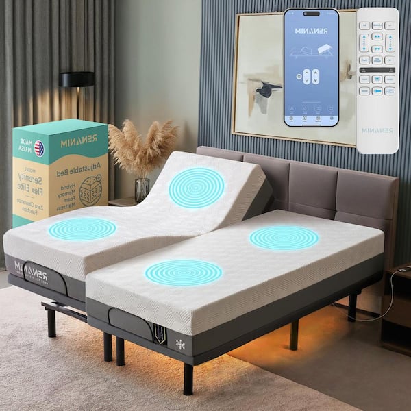 Gray Split-King Adjustable Bed Frame Base w/ 14 in. Hybrid Mattress, Massage Wireless Remote Underbed Light Electric Bed