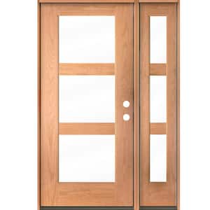 BRIGHTON Modern 50 in. x 80 in. 3-Lite Left-Hand/Inswing Clear Glass Teak Stain Fiberglass Prehung Front Door RSL