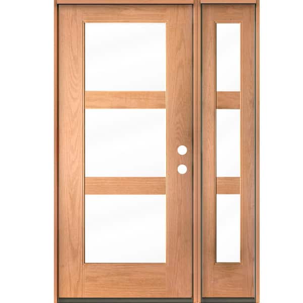 BRIGHTON Modern 50 in. x 80 in. 3-Lite Left-Hand/Inswing Clear Glass Teak Stain Fiberglass Prehung Front Door RSL