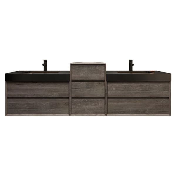 MIA 114 in. W x 20 in. D x 30 in. H Double Sink Middle Cabinet Bath Vanity in Gray Oak with Black Stainless Steel Top