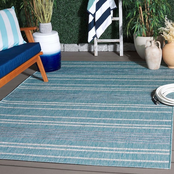 Courtyard Aqua/Gray 7 ft. x 10 ft. Striped Indoor/Outdoor Area Rug