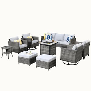 New Vultures Gray 9-Piece Wicker Patio Fire Pit Conversation Seating Set with Gray Cushions and Swivel Rocking Chairs