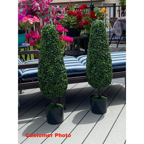 ANGELES HOME 2- Pieces 3 ft. Green Indoor Outdoor Decorative Artificial Topiary Boxwood Tree Plant in Pot, Faux Fake Tree Plant