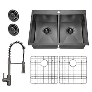 Gunmetal Black Stainless Steel 33 in. 18 Gauge Double Bowl Dual Mount Kitchen Sink with Black Spring Neck Faucet