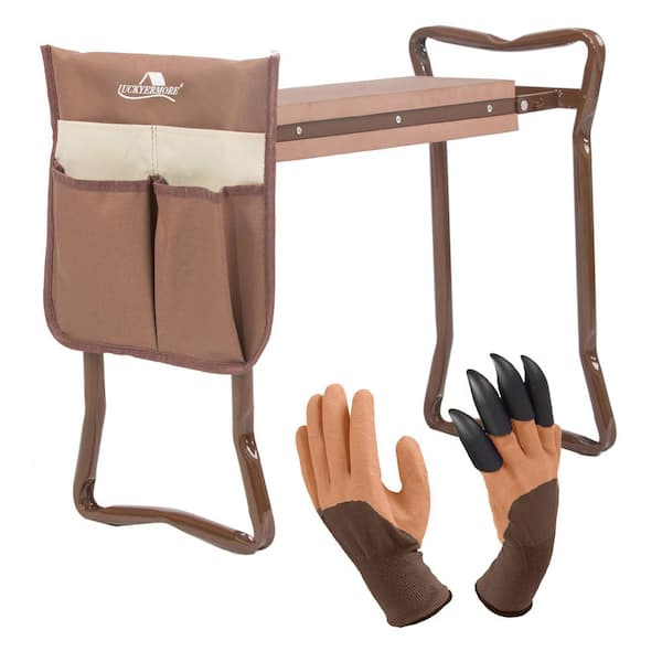 AFAIF Metal Garden Stool, Garden Kneeler and Seat Folding Kneeling Bench Stool with Tool Pouches Soft EVA Foam, Brown