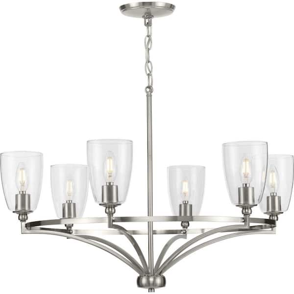 Progress Lighting Parkhurst Collection 30 in. 6-Light Brushed Nickel New Traditional Chandelier with Clear Glass Shades for Dining Room