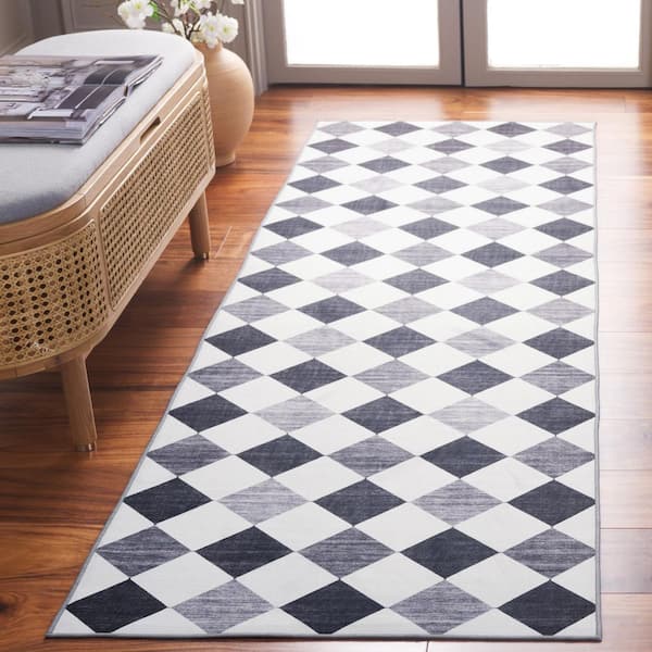 Santa Clara Ivory/Gray Black 3 ft. x 8 ft. Machine Washable Distressed Checkered Runner Rug