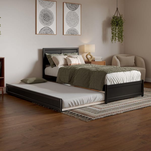 Lylah Black Wood Frame Twin XL Platform Bed with Panel Footboard and Twin XL Trundle