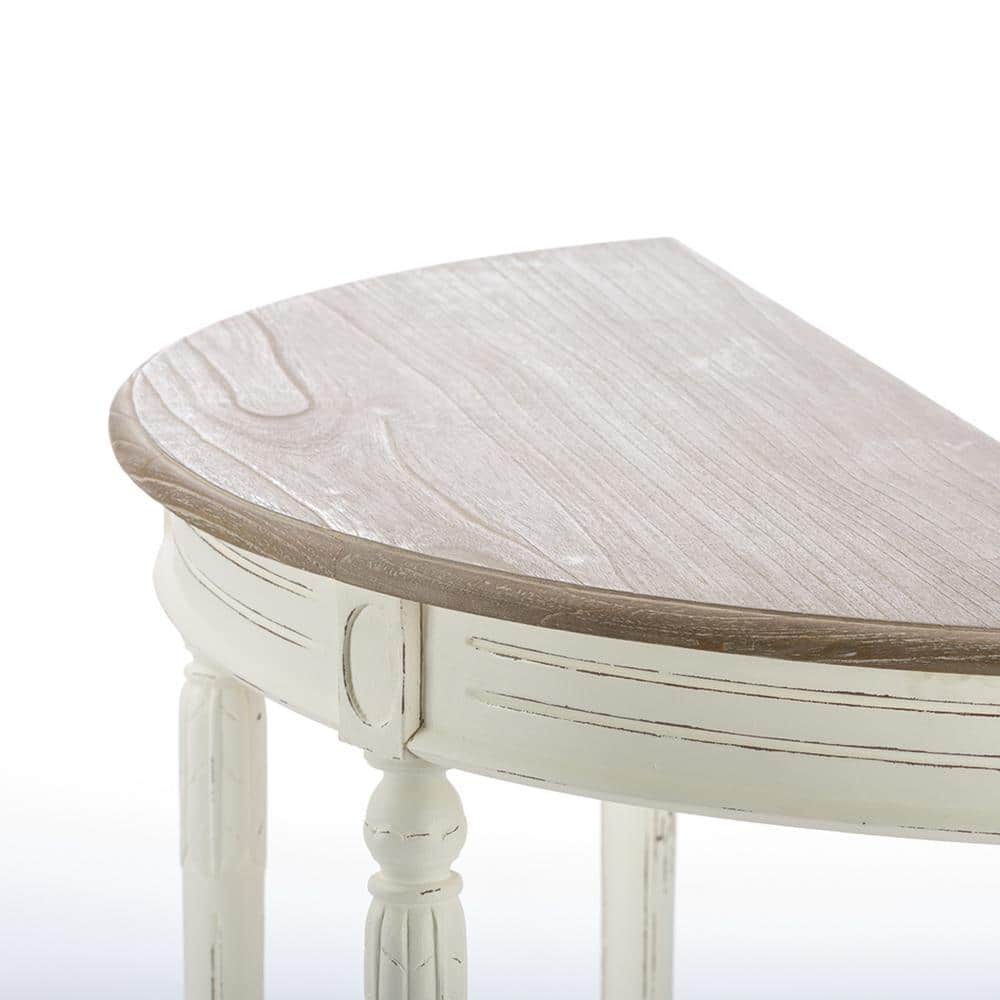 Antique White and Natural Wood Demilune Console Table with Storage
