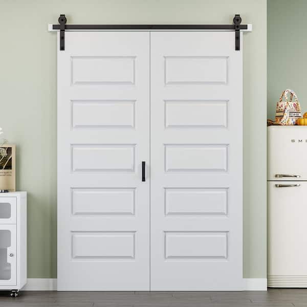 60 in. x 84 in. Paneled 5-Lite White Primed MDF Composite Bi-fold Sliding Barn Door with Hardware Kit and Handle