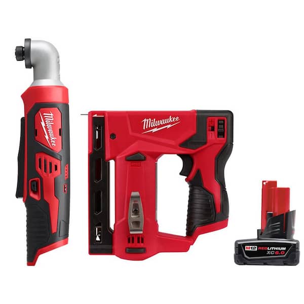 Milwaukee M12 12V Lithium-Ion Cordless 1/4 in. Right Angle Hex Impact Driver with M12 3/8 in. Crown Stapler and 6.0Ah Battery Pack