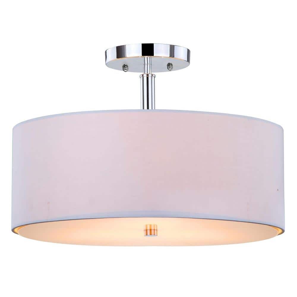 Clara 16" White Cotton Drum Ceiling Light with Chrome Accents