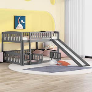 Gray Full over Full Wooden Low Bunk Bed with Fence, Slide, and Ladder
