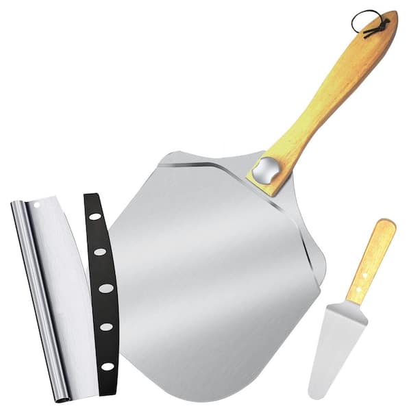 Aluminum Pizza Peel Set with Foldable Wooden Handle, Pizza Rocker Cutter, Metal Spatula for Oven Baking