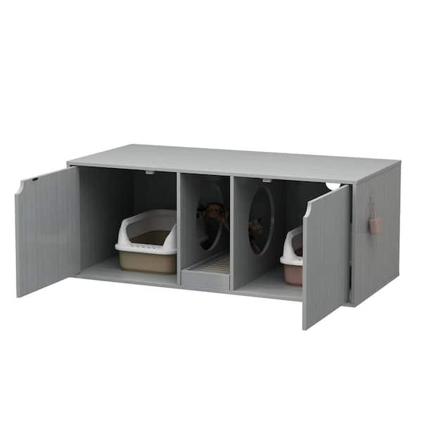 FUFU&GAGA Gray Cat Litter Box Enclosure for 2 Cats, Indoor Wood Stackable Cat Washroom Storage Cabinet Bench End Table Furniture