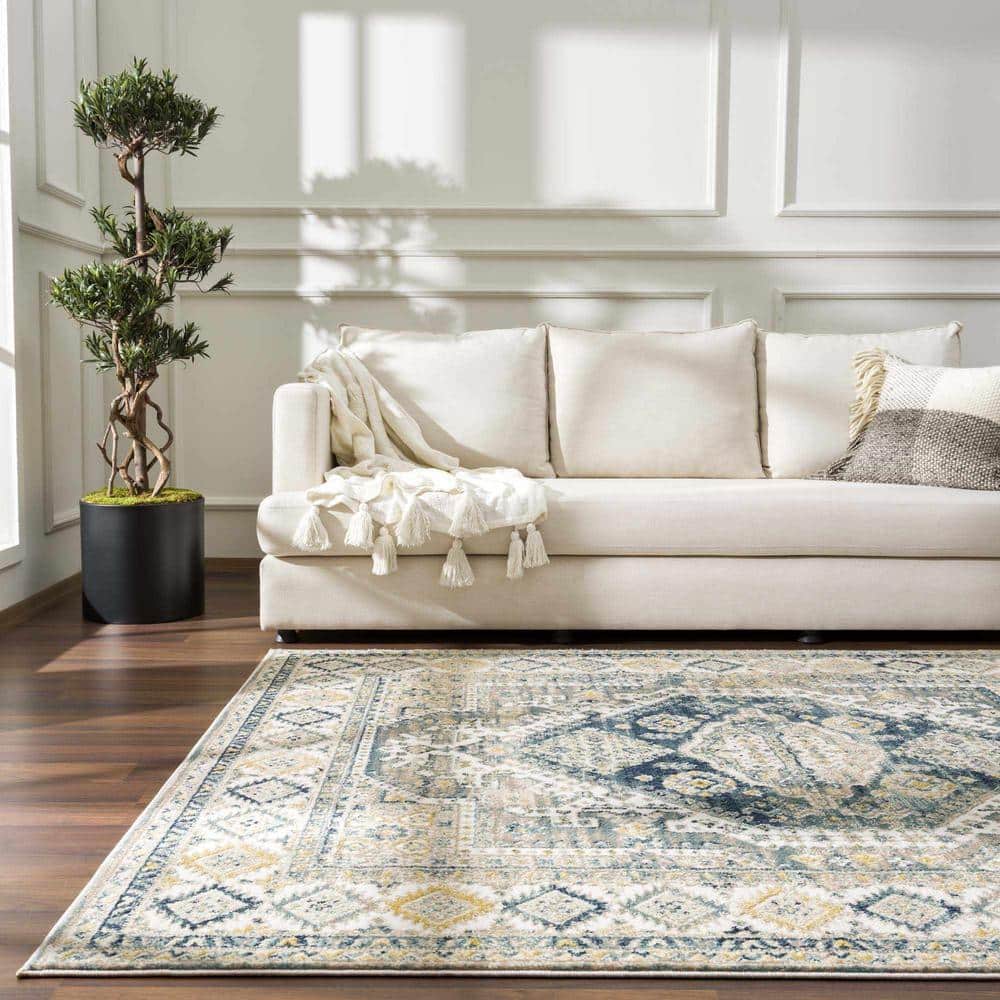 Brend Blue and Beige Medallion Polypropylene Area Rug