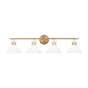 Belcarra 36.75 in. W x 9.125 in. H 4-Light Satin Brass Bathroom Vanity Light with Etched White Glass Shades
