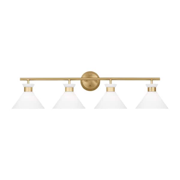 SCOTT LIVING Belcarra 36.75 in. W x 9.125 in. H 4-Light Satin Brass Bathroom Vanity Light with Etched White Glass Shades