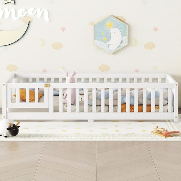 White Pine Twin Size Floor Kids Bed with Safety GuardRails and Door