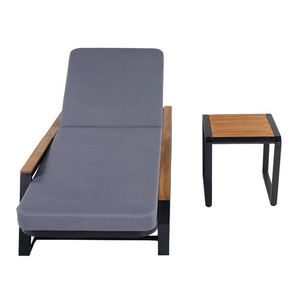 3-Piece Chaise Lounge Set with 5-Position Adjustable Back, Grey Cushion, Side Table, Black Iron Frame and Teak Accents