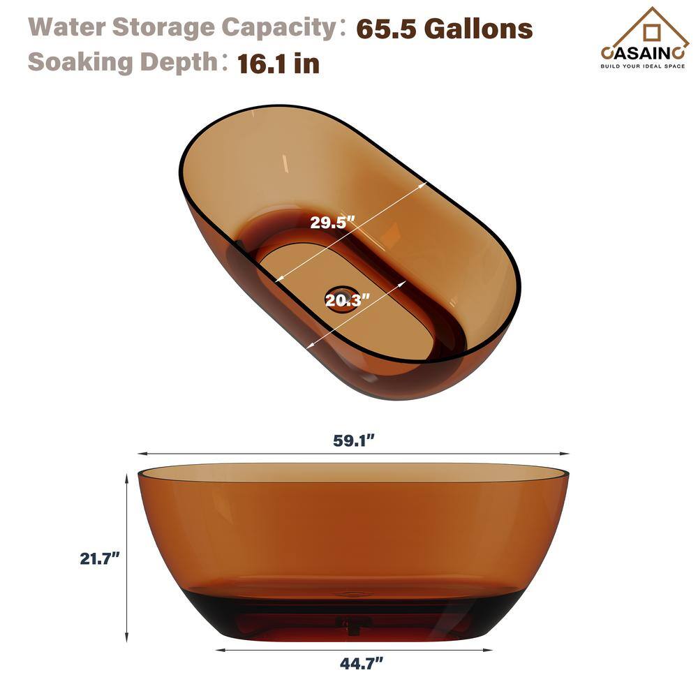 59'' Coffee Transparent Resin Freestanding Soaking Bathtub