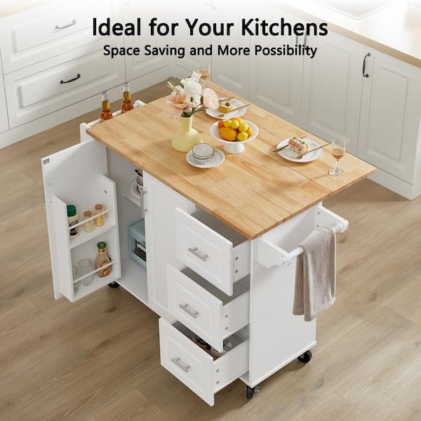 tunuo Kitchen Island White Wood 53 in. W Large Kitchen Island with