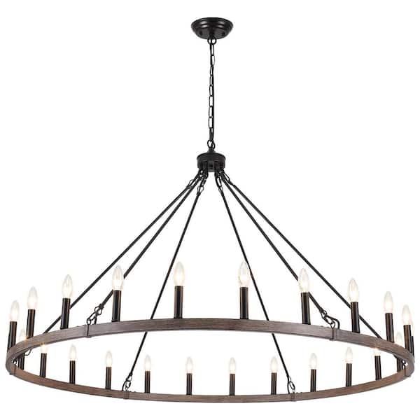 24-Light Matte Black/Wood Grain Classic Wagon Wheel Chandelier for Living Room Dinning Room with No Bulbs Included