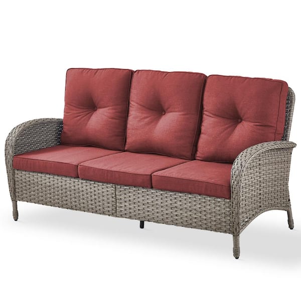 Pocassy Flat armrest series 3 Seat Gray Wicker Outdoor Patio Sofa Couch with Deep Seating and Red Cushions