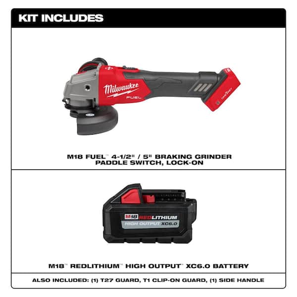 M18 FUEL 18V Lith-Ion Brushless Cordless 4-1/2 in./5 in. Braking Grinder with Slide Switch w/ High Output 6.0 Ah Battery