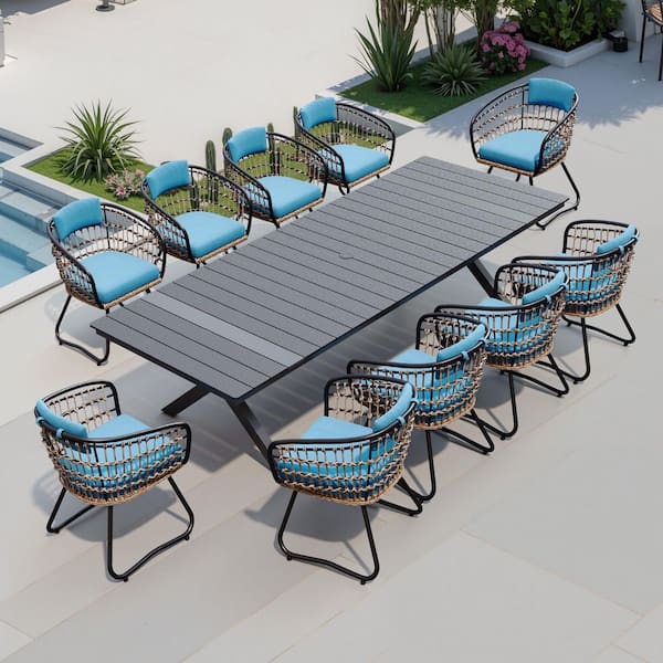 Black 11-Piece 118 in. Wood-Like Aluminum Patio Outdoor Dining Set with Faux Rattan Wicker Blue Cushion Chairs