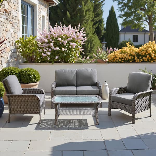 HOOOWOOO Venice Gray 4-Piece Wicker Modern Outdoor Patio Conversation Sofa Seating Set with Dark Gray Cushions
