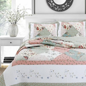 Peachy Floral Vine Country Cottage 3-Piece Flower Garden Embroidered Scalloped Pink Cotton King Quilt Bedding Set