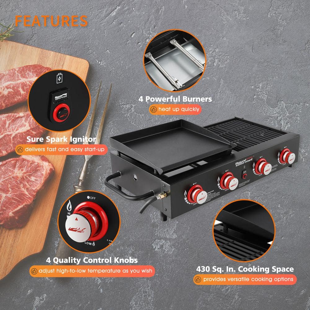 Royal Gourmet 4-Burner Black Portable Gas Grill and Griddle Combo