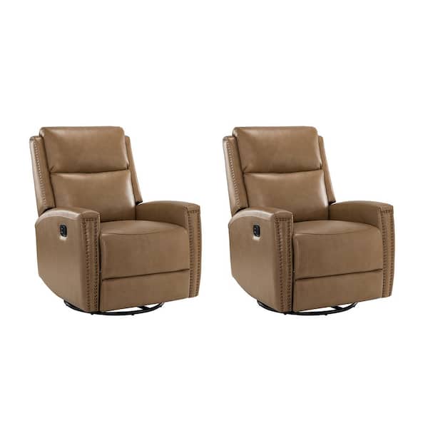 JAYDEN CREATION Regina 30.31 in. Wide Taupe Genuine Leather Swivel Rocker Recliner with Nailhead Trims (Set of 2)