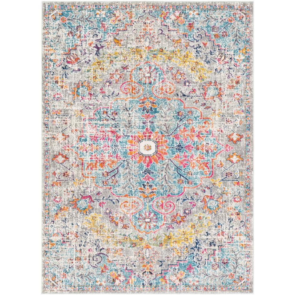 Gray and Aqua Oriental Synthetic Area Rug, 3'11" x 5'7"