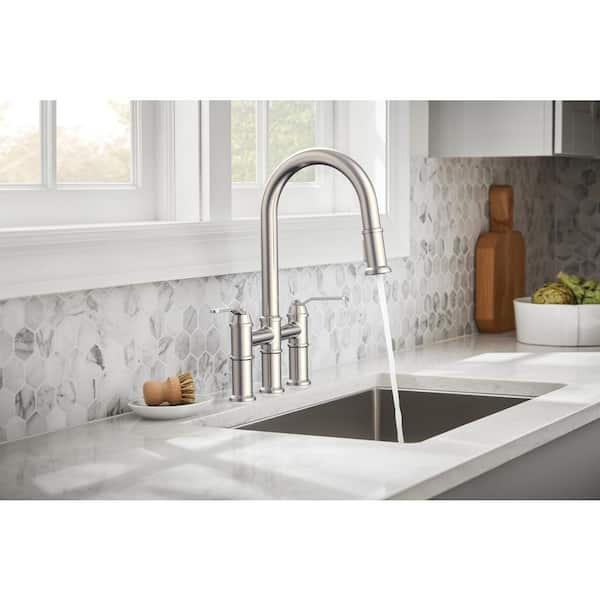 Kinzie Double Handle Pull Down Sprayer Bridge Kitchen Faucet 1.75 GPM in Stainless Steel