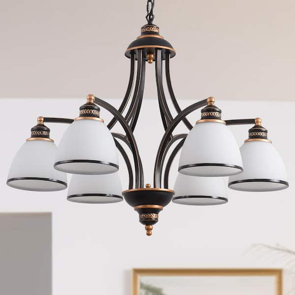 6-Light Oil Rubbed Bronze Chandelier with Frosted White Glass Shades