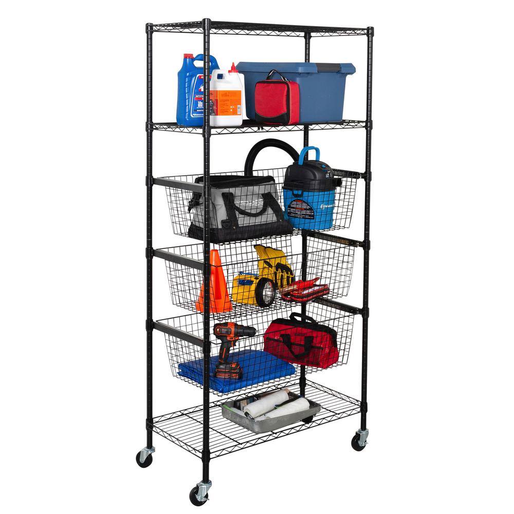 Adjustable Black 3-Shelf Heavy-Duty Storage Rack with Pull-Out Baskets