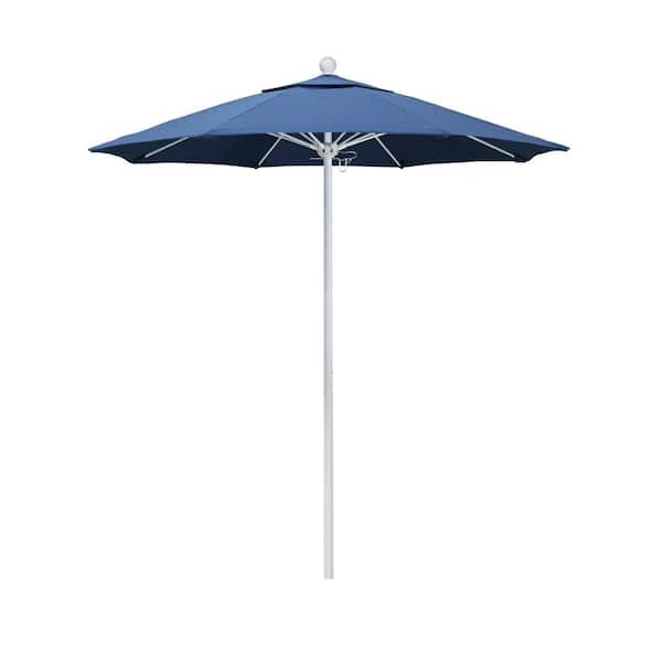 California Umbrella 7.5 ft. White Aluminum Commercial Market Patio Umbrella with Fiberglass Ribs and Push Lift in Frost Blue Olefin