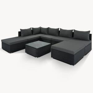 Black 8-Piece Wicker Patio Conversation Set with Gray Cushions