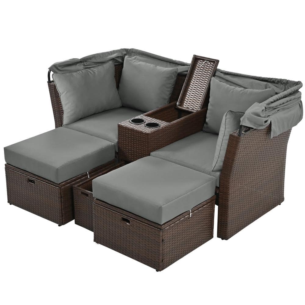 Harper & Bright Designs Brown Wicker Outdoor Patio Day Bed with Gray ...