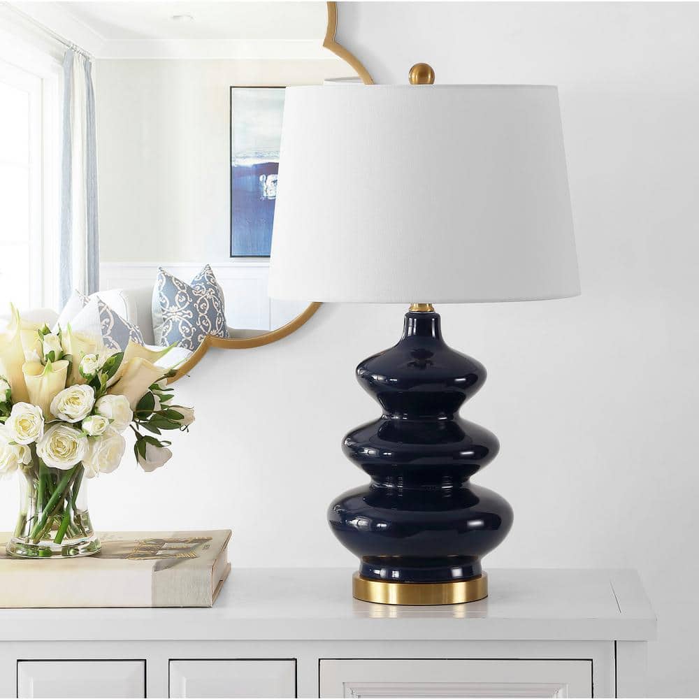 Navy Ceramic Triple Gourd Table Lamp with White Shade