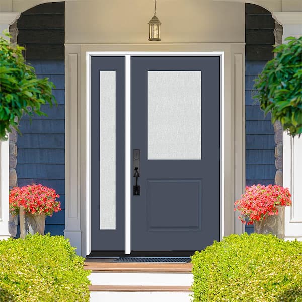 Legacy 51 in. W x 80 in. 1/2 Lite Rain Glass LHOS Primed Dark Denim Finish Fiberglass Prehung Front Door with 12 in. SL