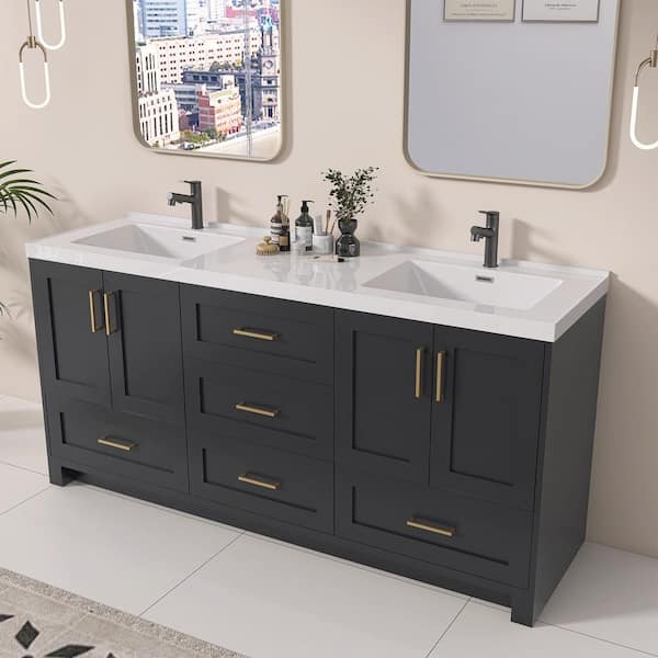 72 in. W x 22 in. D x 36 in.H Bathroom Vanity Double Sink Freestanding Bath Vanity Cabinet in Green with White Resin Top