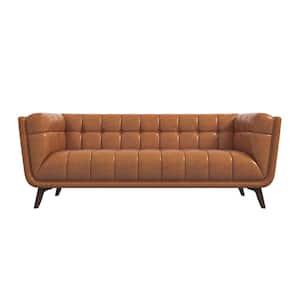 Kansas 78 in. W Square Arm Modern Chesterfield Genuine Leather Living Room Sofa in Cognac Brown (Seats 3)