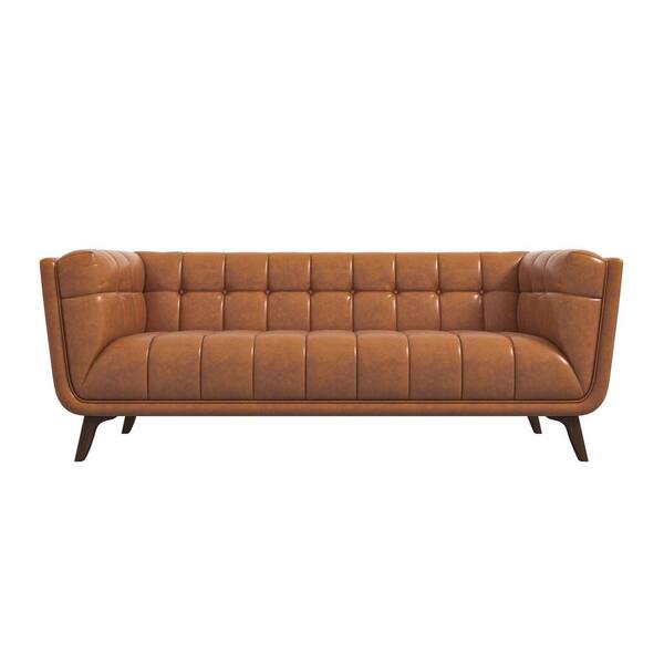 Ashcroft Furniture Co Kansas 78 in. W Square Arm Modern Chesterfield Genuine Leather Living Room Sofa in Cognac Brown (Seats 3)