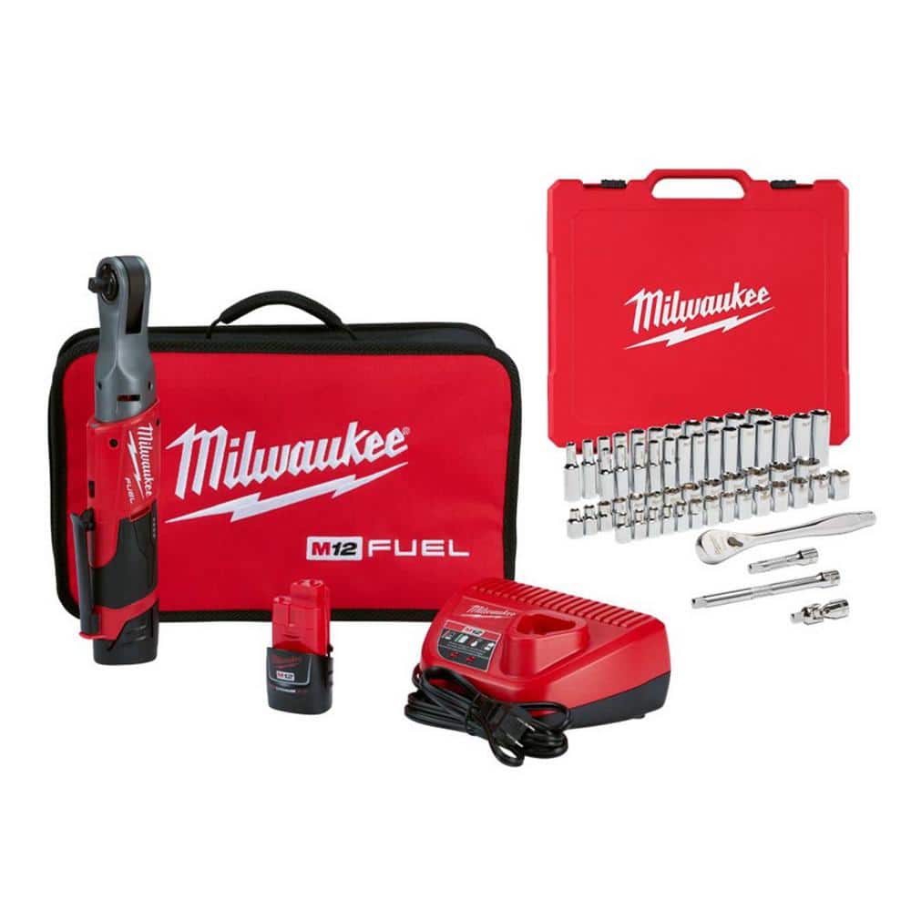 Milwaukee M12 FUEL 12-Volt Lithium-Ion Brushless 3/8 in. Cordless Ratchet Kit with Mechanics and Impact Sockets (104-Piece) -  2557-22-48