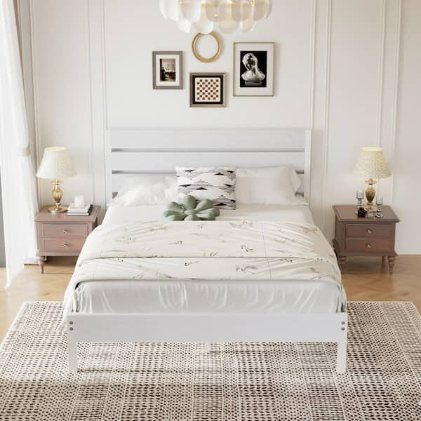 Full Bed Frame with White Wood Headboard and Footboard, No Box Spring Needed, Strong Metal Slats Support Platform Bed